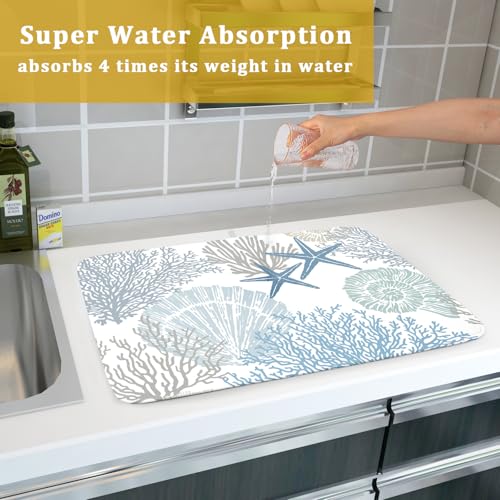 Nautical Dish Drying Mat for Kitchen Counter Coastal Seashell Starfish Summer Microfiber Absorbent Dish Draining Reusable Washable Foldable Extra Large 18"x24" (24" x 18")
