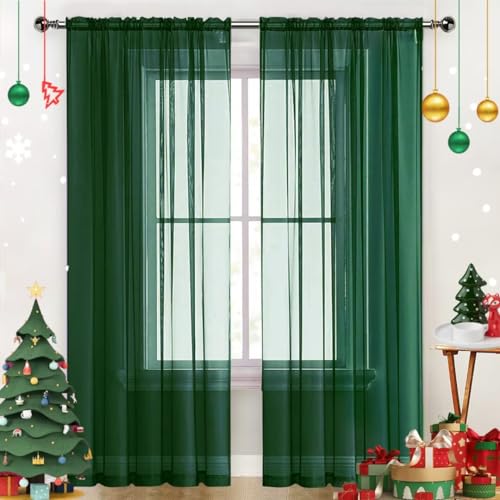 Sheer Voile Window Treatment Rod Pocket Curtain Panels for Kitchen Bedroom Living Room Drapes Sunlight Filtering Privacy Semi Home Decor Assorted Colors Sizes (Foliage Green / 52"W x 72"L (Pack of 2))
