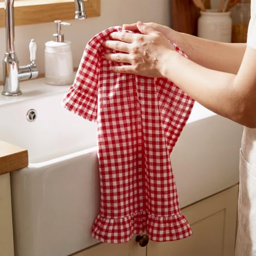 2 Pcs Red Gingham Kitchen Towels Cotton Ruffled (Red / Gingham)