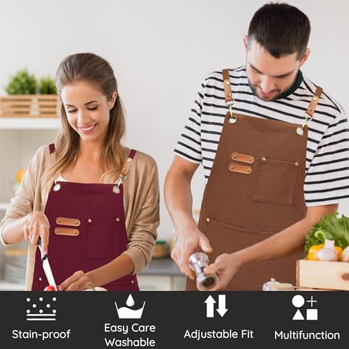 Chef Canvas Aprons with 3 Large Pockets Adjustable Strap for Men Women (Brown)