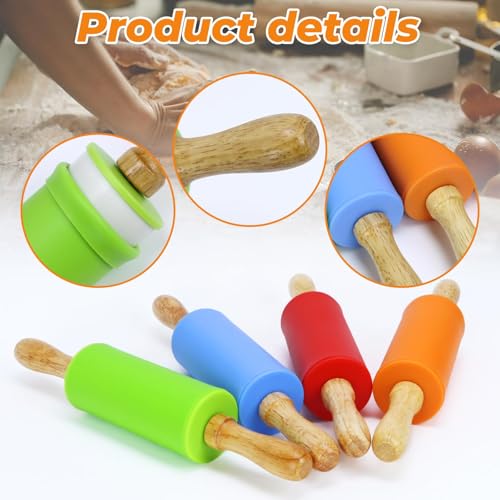 4 Pack Mini Rolling Pin for Kids 9 Inch Wooden Handle (orange + red + blue + green)