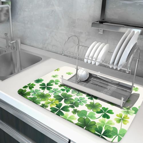 Happy St. Patrick's Day Dish Drying Mat for Kitchen Green Kitchen Dish Drying Mat for Dishes Spring Lucky Clover Shamrock Drying Mats 18x24 Inch Absorbent Reversible Dish Pad for Countertop Coffee Bar (Happy St. Patrick's Day Clover / 18" x 24")