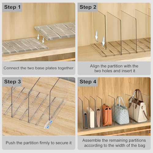 Bag & Purse Organizer for Closet (2 Bases + 7 Dividers / Clear)