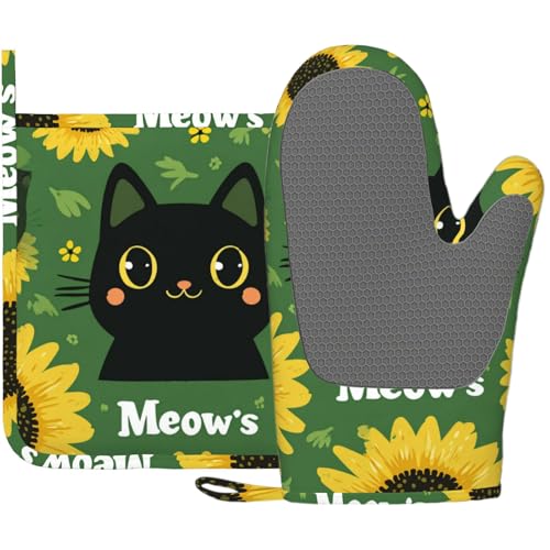 Black Cat Oven Mitts and Pot Holders Sets Cartoon Sunflower Silicone Heat Resistant Kitchen Oven Gloves Pot Holder for Cooking Baking Grilling BBQ (Black Cat)