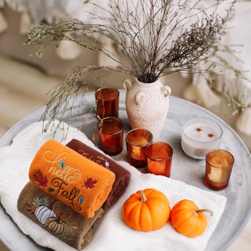 3 Pcs Fall Hand Towels for Bathroom 13.8 x 29.5 Inch Autumn Decorative Bath Towels Sets 100% Cotton Embroidered Pumpkin Maple Thanksgiving Bathroom Decor (Orange and Brown / Pumpkin)