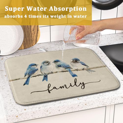 Home Blue Bird Family Dish Drying Mat for Kitchen Counter (16" x 18")