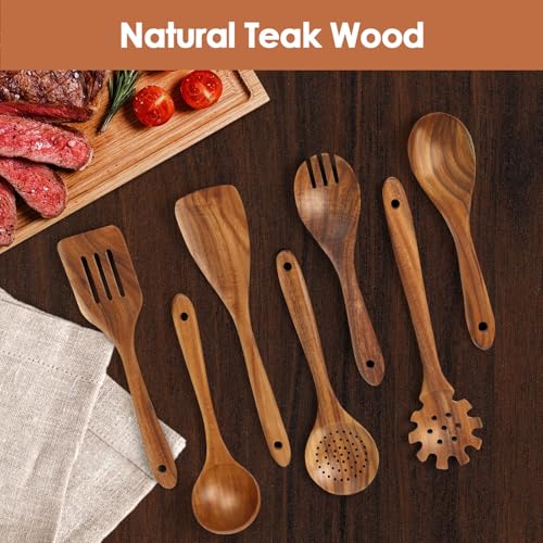 7 Pieces Teak Wooden Spoons Set for Cooking with Spatula and Ladle (HA2-0001)