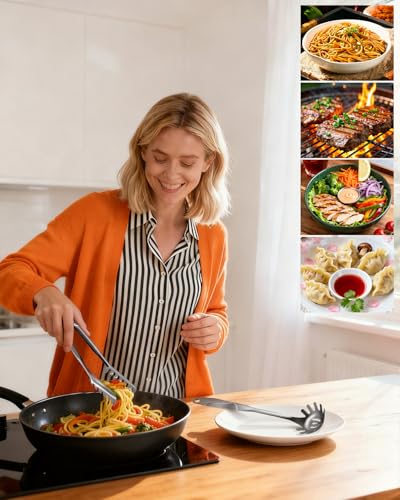 Spaghetti Spoon and Pasta Tong with Grip Teeth and Drain Holes (Silvery(stainless steel）)