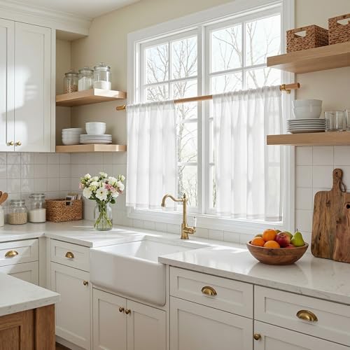 White Curtains 24 Inch Long for Kitchen (34"W x 24"L (Pack of 2) / Pure White)