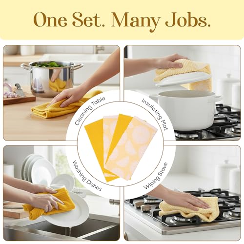 Kitchen Towels Set of 4 Premium Hand Towels 18 x 28 Inch Large Tea Towels for Drying & Decor (Yellow/White Citrus)