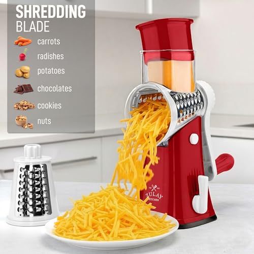 Rotary Cheese Grater Manual Hand Crank 5 Blade Shredder (5 Blades / White and Red)