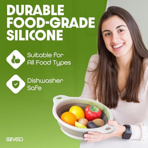 2-in-1 Large Collapsible Colander with Self-draining Base Set - Plastic Side Drain Food strainer for Edge of Kitchen Sink (Beige) (1 Pack / Beige)