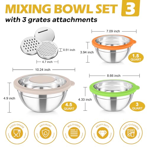Mixing Bowls 3PCS Stainless Steel Serving Salad Bowls (Multicolor / Transparent Airtight Lids)