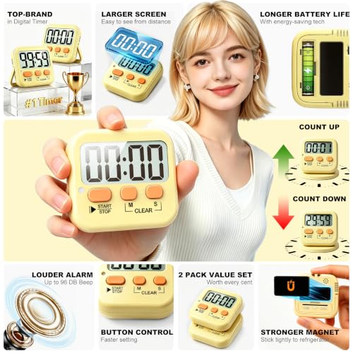 2 Pack Digital Timer for Kids Classroom Kitchen Timers for Cooking (Yellow)