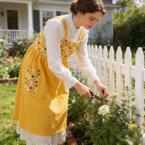 Cotton Linen Apron Cross Back Apron for Women with Pockets Pinafore Dress (Floral Yellow)