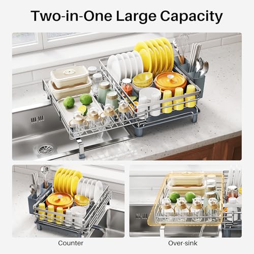 Expandable Dish Drying Rack for Kitchen Counter (Silver)
