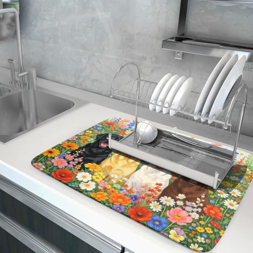 Spring Absorbent Drying Mat Colorful Flowers Dog Dish Drying Mat for Kitchen Counter 18 X 24 In (Flower Dog Colorful / 24" x 18")