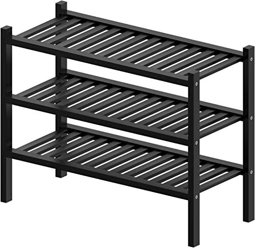 3 Tier (Thick) Bamboo Shoe Rack for Entryway, Small Wood Shoe Shelf Storage Organizer for Closet, Shoe Stand for Hallway, Stackable and Sturdy 27"x12"x21" Black (Black / 3 Tier(Thick))