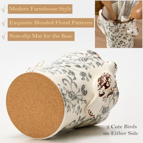 6.34'H Utensil Holder for Kitchen Counter (Gray Flower Patterns- 2 Birds)