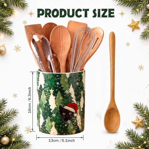 Christmas Tree & Black Cat Ceramic Utensil Holder (Christmas Tree Cat)