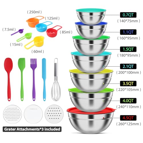 Stainless Steel Mixing Bowls Set with Lids & 3 Grater Attachments (Multicolor)