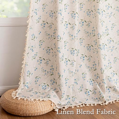 Blue Floral Farmhouse Semi Sheer Curtains 84 Inches Long Linen Blend Boho Vintage Light Filtering Privacy Rustic Country Drapes with Tassel Back Tab for Living (Blue / 50"W x 84"L (Pack of 2))