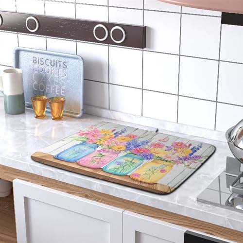 Daisy Dish Drying Mat for Kitchen Counter Spring Summer Flowers Vases Dishes Pad Microfiber Absorbent Dish Draining Mats Rustic Farmhouse Floral Wooden Board Dish Drainer Rack Mat 16x18 Inch (Daisy Vases Pink / 16" x 18")