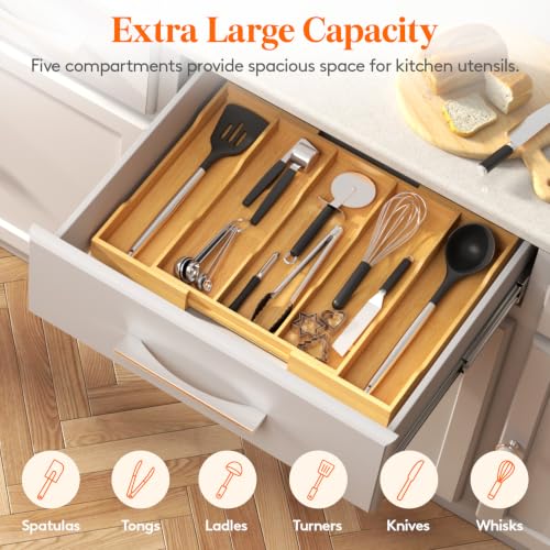 Bamboo Utensil Organizer for Kitchen Drawer (Natural / 12.6~22.8''W x 14'' D)