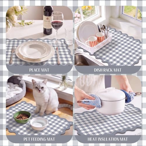 Gray Scalloped Gingham Coffee Mat 12" x 20" Absorbent Bar Mat (Gray / Gingham)