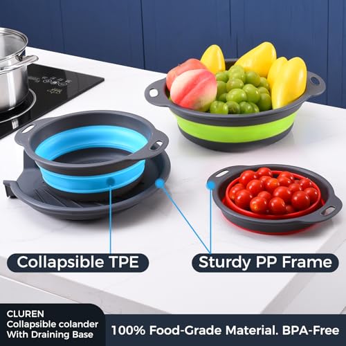 Collapsible Colander Set with Oversized Draining Tray (Gray-Blue-Red-Green)