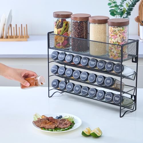 Spice Rack Organizer with 27 Spice Jars with Black Lids (4.7"D x 16.5"W x 12.6"H)