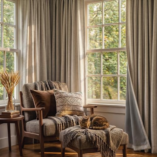 Burlap Linen Textured 100% Blackout Curtains 96 Inch for Office (Burlap / 52"W x 96"L (Pack of 2))