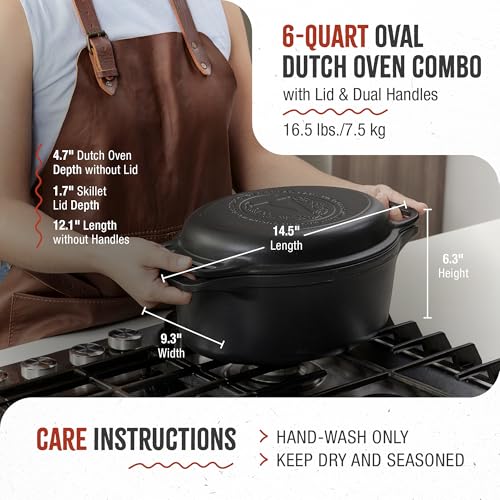 6 Quart Cast Iron Oval Dutch Oven (6QT Oval-2 Piece Set)