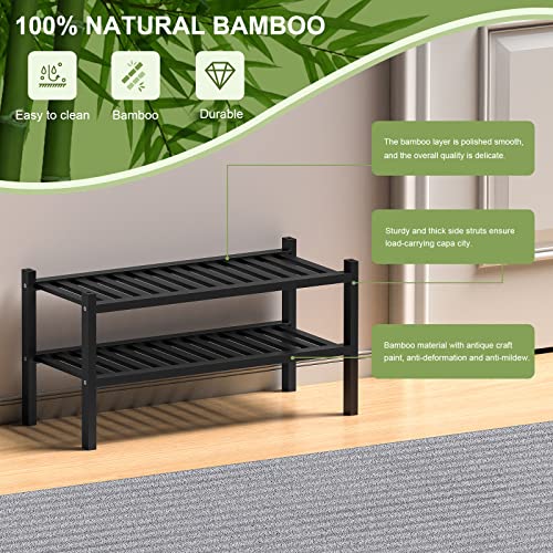 2 Tier (Thick) Bamboo Shoe Rack for Closet Free Standing Wood Shoe Shelf for Entryway Small Space Stackable 27"x12"x14" (Black) (Black / 2 Tier(Thick))
