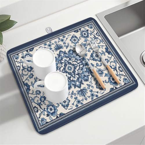 Blue Floral Dish Drying Mat for Kitchen Counter Vintage Flower Pattern Microfiber Dish Drainer Mat Rustic Farmhouse Absorbent Washable Drying Pad Extra Large 16"x18" (Vintage Blue Floral / 18" x 16")