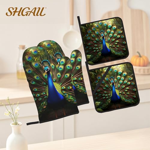 Peacock Pattern Oven Gloves and Hot Pads Set (Peacock)