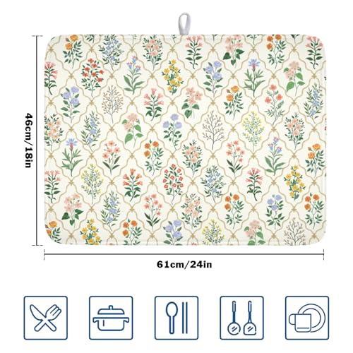 Floral Dish Drying Mat for Kitchen Counter Spring Summer Wild Flowers Diamond Pattern Microfiber Dish Drainer Mat Rustic Absorbent Washable Drying Pad Extra Large 18"x24" (Spring Summer Floral / 24" x 18")