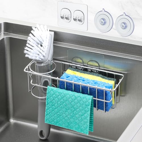 3-In-1 Sponge Holder for Kitchen Sink with Suction Cups & Adhesive Hook , In-sink Sponge Holder, Wall Hanging Sink Caddy Organizer Rack - Sponge, Dish Cloth, Brush, Scrubber - 304 Stainless Steel (3-in-1 / Silver)