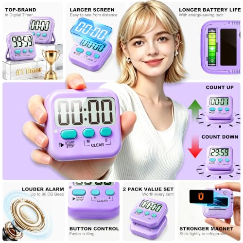 2 Pack Digital Timer for Kids Classroom Kitchen Timers for Cooking (Fresh Purple)