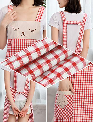 100% Cotton Cute Plaid Apron with Pockets (#2 Korean Red & White Gingham Cat)