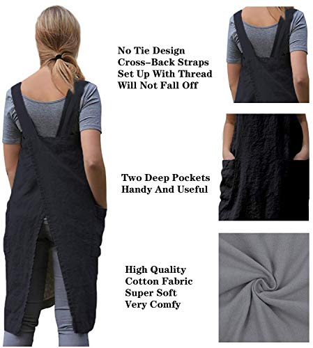 Cotton Linen Apron Cross Back Apron for Women with Big Pockets Square Pinafore Dress for Baking Cooking BBQ & Grill (Black / XX-Large)