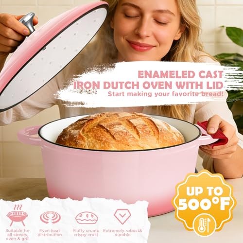 Enameled Cast Iron Dutch Oven Pot with Lid (Pink)