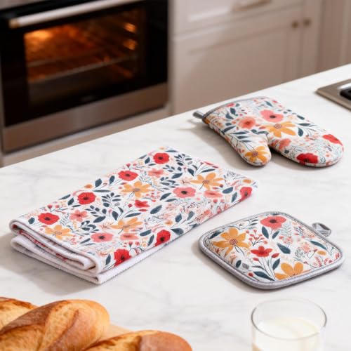 6 Pcs Kitchen Stuff Accessories (6 Pcs (2x Oven Mitts +2x Pot Holders+1x Apron+1x Kitchen Towel))