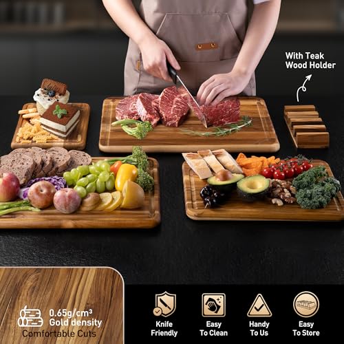 4 Pack Teak Cutting Boards for Kitchen Wood Wooden Cutting Board Non Toxic (Multi-Size Set | 4 Pack with Holder)