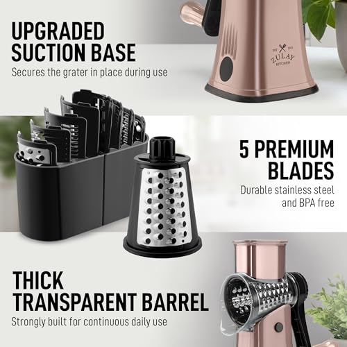 Rotary Cheese Grater Manual Hand Crank 5 Blade Shredder (5 Blades / Rose Gold & Black)