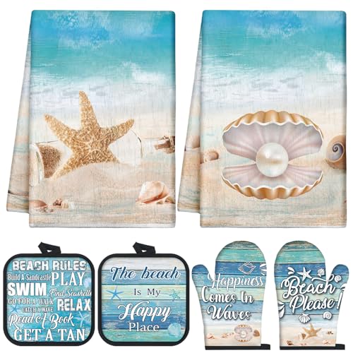 6 Pcs Summer Beach Kitchen Towels Pot Holders Oven Mitts Set (Beach)