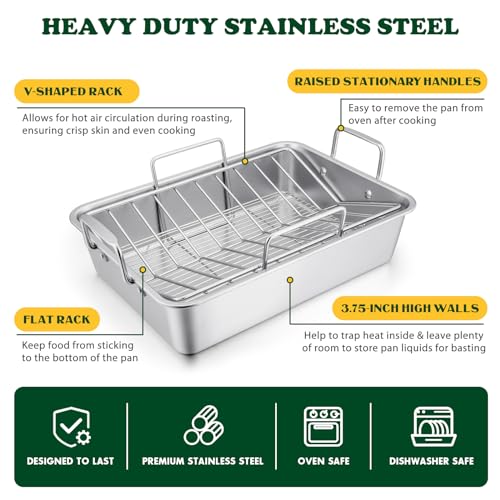 Roasting Pan 16 x 11.5 Inch Stainless Steel Turkey Roaster with V (Large / Silver)