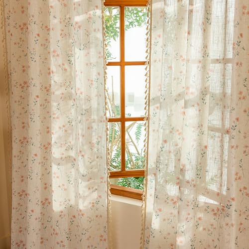 Boho Linen Floral Curtains 63 inch Long for Girls Bedroom Vintage Farmhouse Pink Printed Semi Sheer Light Filtering Back Tab Rod Pocket Drapes with Tassels (Pink / 50"W x 63"L (Pack of 2))