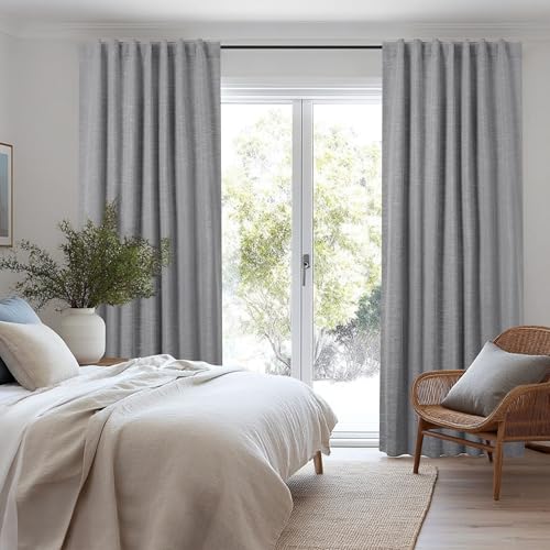 Faux Linen 100% Blackout Curtains with Hidden Tabs & Pleat Tape (Grey/100% Blackout / 50"W x 84"L (Pack of 2))
