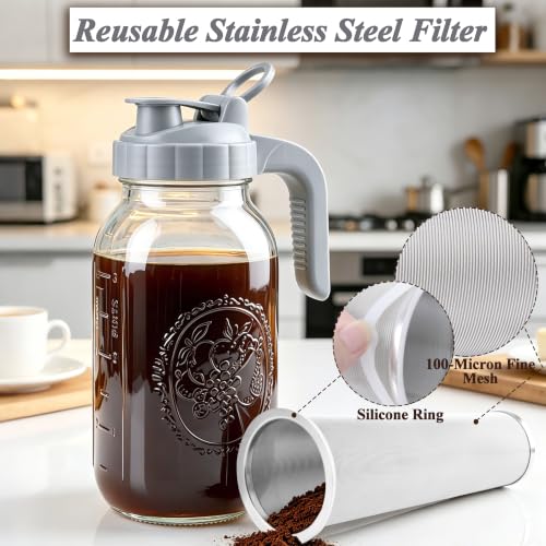 Cold Brew Coffee Maker 64oz Mason Jar Pitcher with Stainless Steel Filter (Grey-64OZ / 64 Ounces)